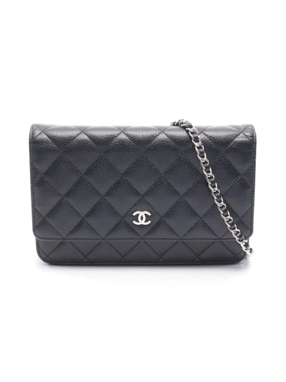 Chanel Shoulder Bag Quilted Black Caviar Leather Chain Wallet